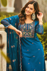 Lovely Teal Blue Reyon Embroidery Suit